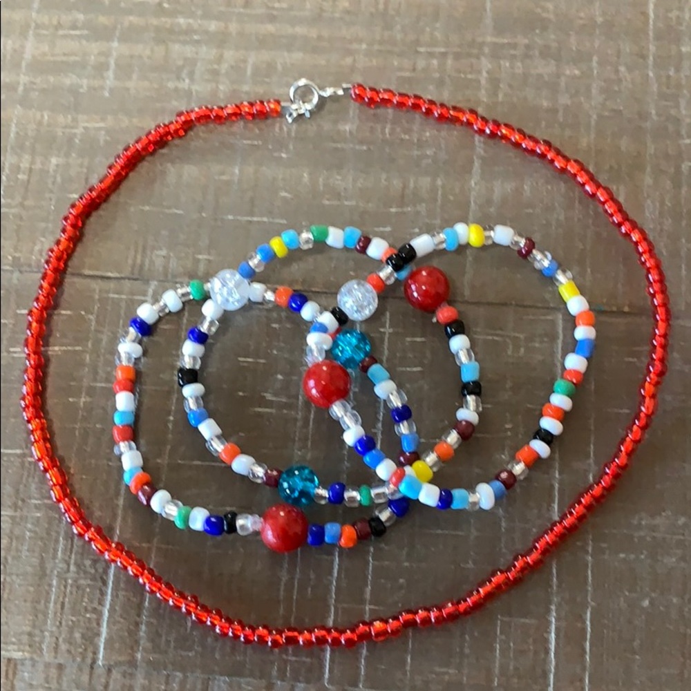 Bundle of Red Bead Necklace & Stretch Bracelets